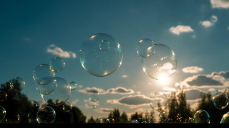 Soap bubbles fly against the background of the evening sky and clouds.の素材