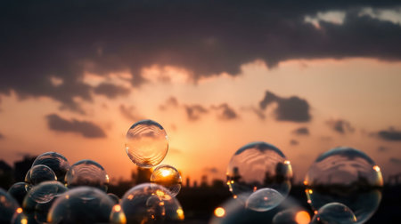 Soap bubbles on the background of the sunset sky. The concept of environmental protection.の素材