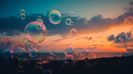 Colorful soap bubbles on the background of the sea and sunset.の素材
