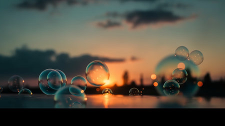 Soap bubbles floating in the air at sunset. 3d renderingの素材