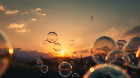 Beautiful soap bubbles floating in the air with sunset sky background.の素材