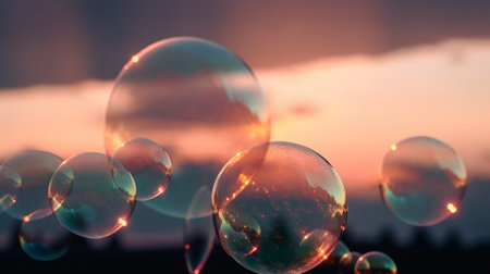 Soap bubbles on a background of the sunset sky. 3d renderingの素材