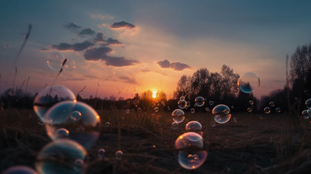 Soap bubbles on the field at sunset. Beautiful nature landscape.の素材