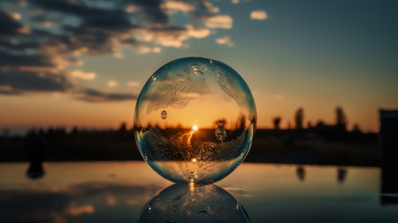 A crystal ball with the reflection of a sunset in the water.の素材