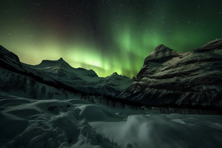 Aurora borealis, Northern lights over snowy mountains in winterの素材