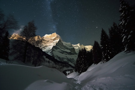 Mountain landscape at night with starry sky and milky wayの素材