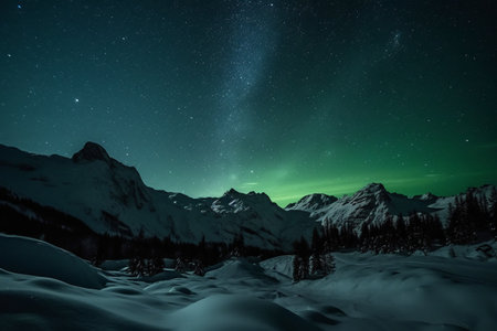 Aurora borealis over the mountains at night in winter.の素材