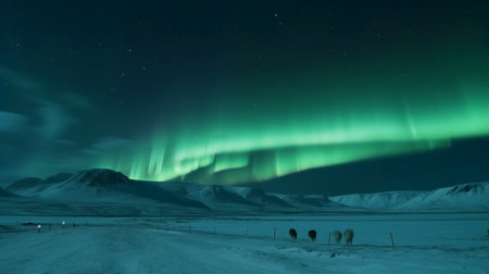 Northern lights over the snow-capped mountains at night in Icelandの素材