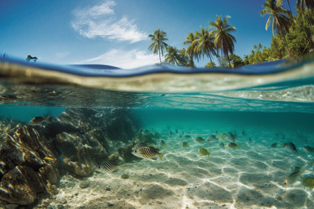 Underwater view of coral reef with fish and palm trees underwater.の素材