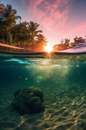 Underwater view of tropical beach with palm trees and rocks at sunsetの素材