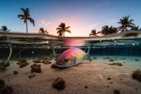 Underwater view of a tropical fish swimming on the sandy beach at sunsetの素材