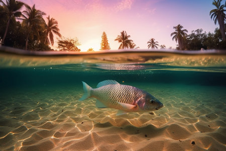 Fish swimming underwater in a tropical island with palm trees and sand at sunsetの素材