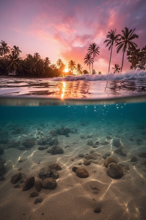Tropical beach with coconut palm trees at sunset in Maldivesの素材