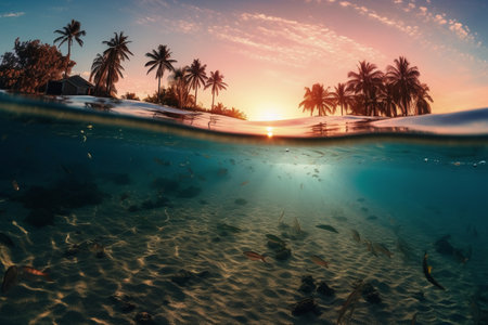 Underwater view of tropical island with palm trees, fish and sand at sunsetの素材