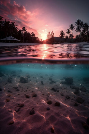 Tropical beach with coconut palm trees at sunset, Maldivesの素材