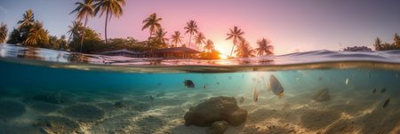 Tropical island with palm trees underwater at sunset. Panoramaの素材