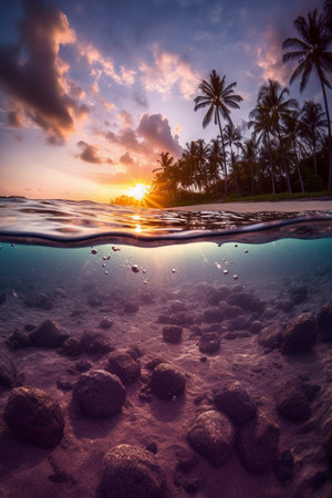 Tropical beach with palm trees at sunset, Seychellesの素材