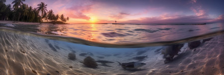 Panoramic view of beautiful sunset over the ocean with palm treesの素材