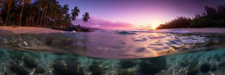 Tropical beach at sunset, Seychelles. Panoramaの素材