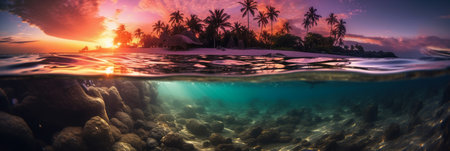 Tropical island with palm trees and coral reef underwater at sunsetの素材