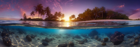 Tropical island with palm trees and sandy beach at sunset, panoramaの素材