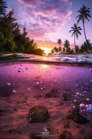 Reflection of a sunset in the water of a caribbean beachの素材