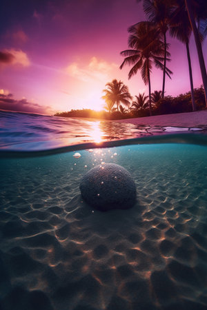 Tropical beach with palm trees at sunset. 3d renderingの素材