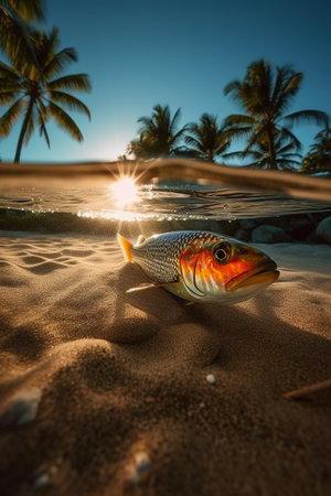 Fish in the sand on the beach with palm trees and sunset.の素材