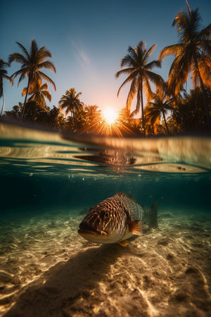 Underwater view of a tropical fish swimming in a pool at sunsetの素材