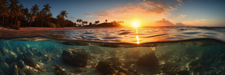Tropical island with palm trees and coral reef at sunset.の素材