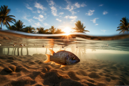 Tropical fish swimming underwater in the ocean at sunset time.の素材