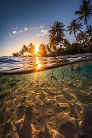 Tropical beach with palm trees and fish under water at sunsetの素材