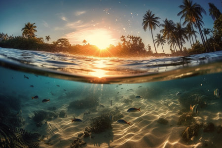 Underwater view of tropical coral reef with palm trees and fish at sunsetの素材