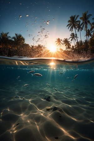 Underwater view of palm trees, sand and sea with fish at sunsetの素材
