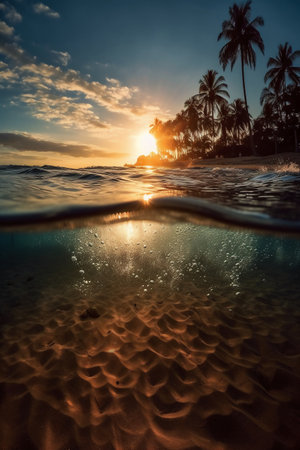 Tropical beach with palm trees at sunset in Sri Lanka.の素材