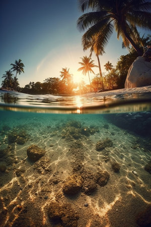 Tropical beach with palm trees and sand under water at sunsetの素材