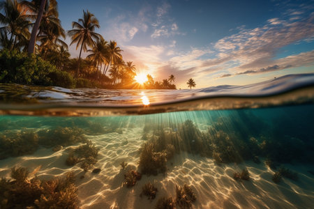 Tropical island with palm trees and sandy beach underwater at sunsetの素材