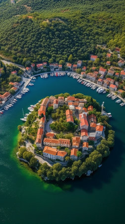 Aerial view of the old town of Perast in Montenegroの素材