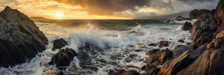 Panoramic view of a stormy sea at sunset, Spainの素材