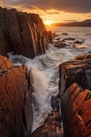 Sunset over the sea with waves breaking on the rocks in the foregroundの素材
