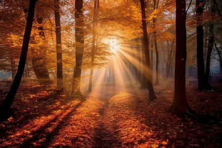 Autumn forest with sunbeams and fog. Beautiful nature backgroundの素材