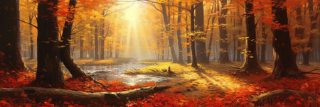 Autumn forest landscape with fog and sunbeams. Vector illustrationの素材