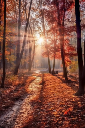 Autumn forest in the rays of the rising sun. nature backgroundの素材