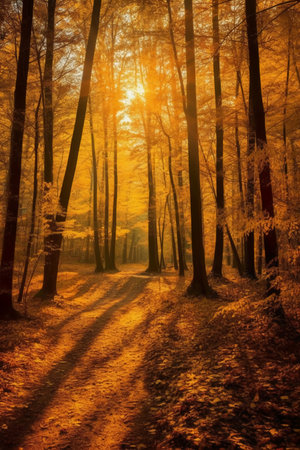 Sunset in the forest. Beautiful autumn landscape. Sunset in the forestの素材