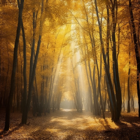 Autumn forest with sunbeams and fog. Autumn nature backgroundの素材