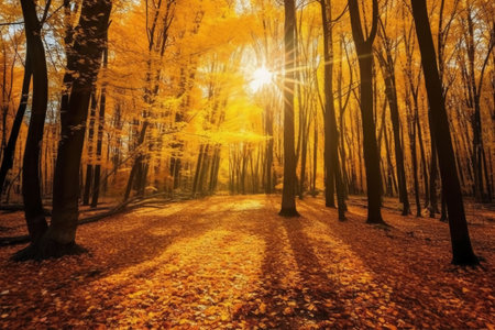 Sunset in the autumn forest. Beautiful nature scene with sunbeamsの素材