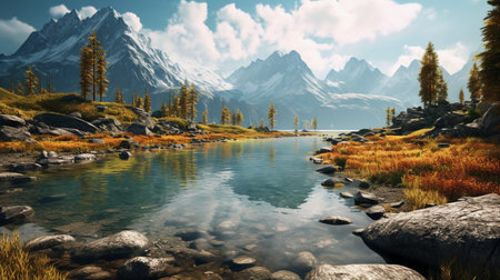 Mountain landscape with lake and reflection in the water. 3d renderingの素材