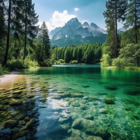 Mountain lake with crystal clear water in Dolomites, Italyの素材