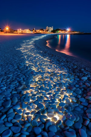 Beach at night with reflection in the water. Lisbon, Portugalの素材