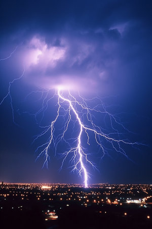 Lightning strike over city at night, thunderstorm in the skyの素材
